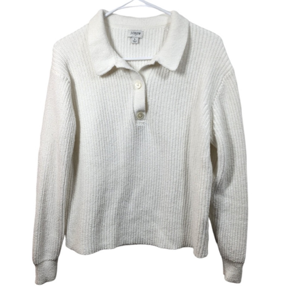J Crew Sweater Womens L White Collar Cotton Blend Boxy Preppy Academia Office